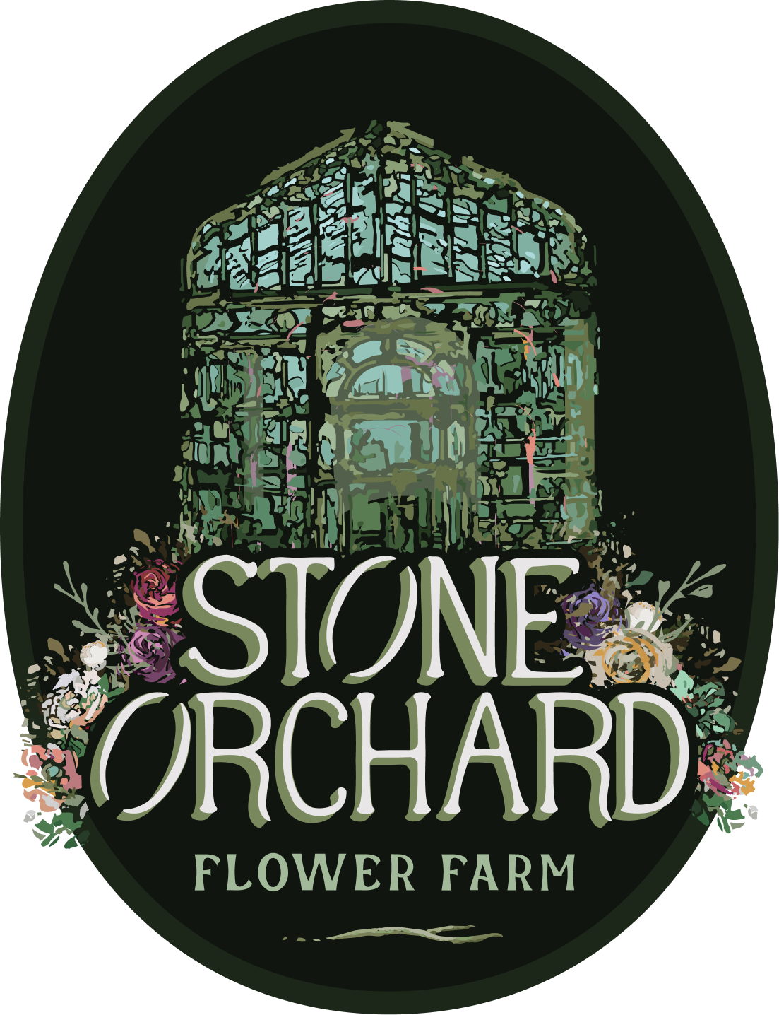 Logo featuring a cracked glass greenhouse and an overgrowth of flowers on a dark background with the brand name in the custom font.