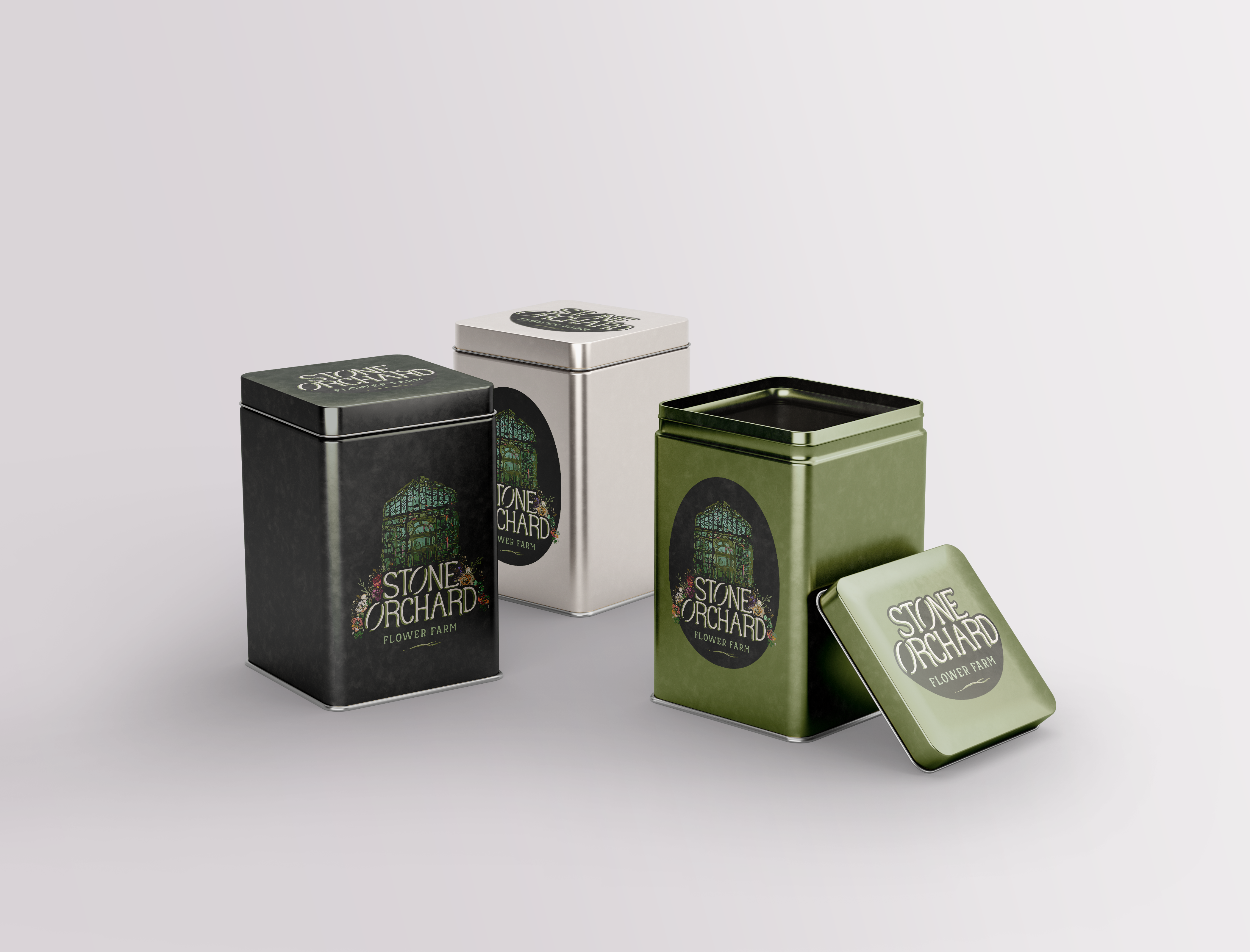 Mockups of tins for flower tea displaying logo